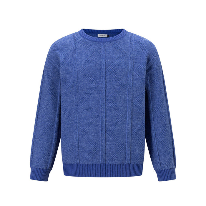 Front view of a blue crewneck pullover sweater with diamond cable knit texture and ribbed cuffs and hem