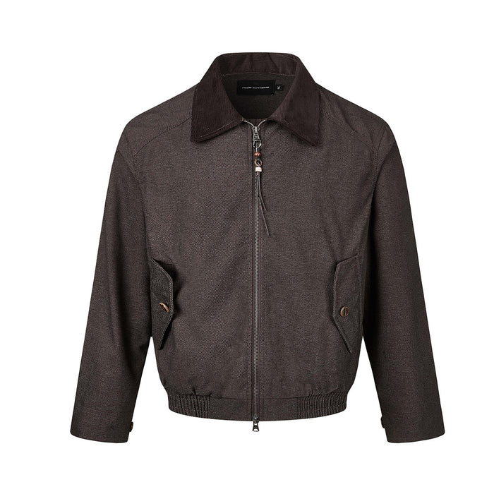 Men's retro Harrington bomber jacket in coffee brown with corduroy collar and full metal zipper