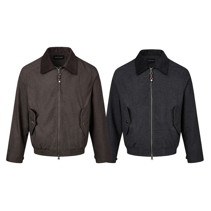 Two retro Harrington jackets in brown and charcoal with corduroy collars, full zips, and buttoned side pockets