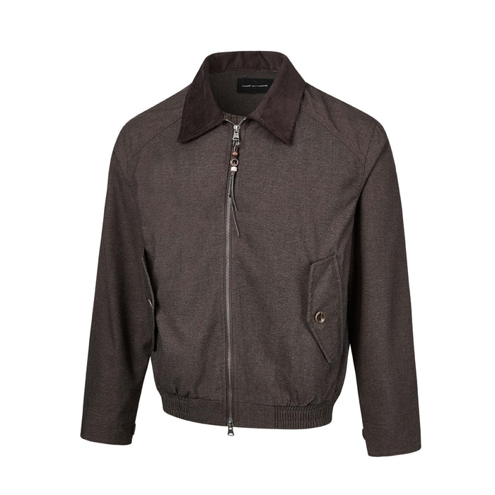 Brown Harrington jacket front view with a corduroy collar, full-length zipper, ribbed hem, and buttoned pockets