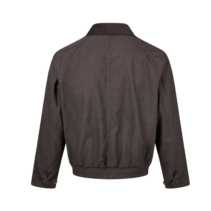 Brown Harrington jacket back view showing the plain textured shell, center seam, ribbed hem, and adjustable cuffs
