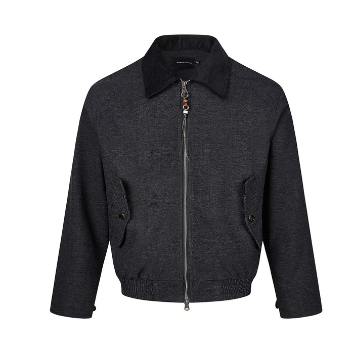 Charcoal Harrington jacket front view with a corduroy collar, full-length zipper, ribbed hem, and buttoned pockets