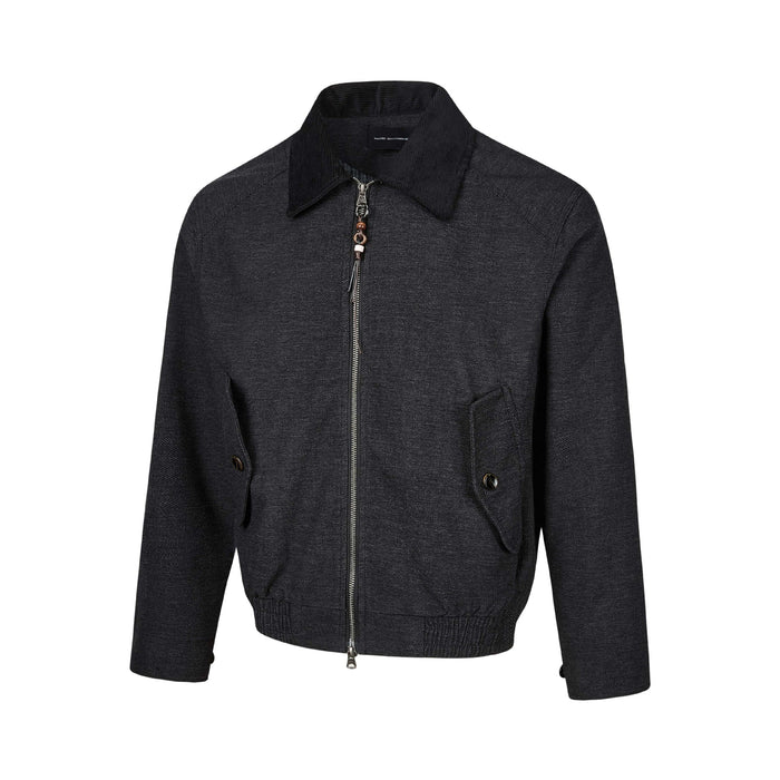 Charcoal textured Harrington jacket front view with a dark corduroy collar, zip closure, and buttoned flap pockets