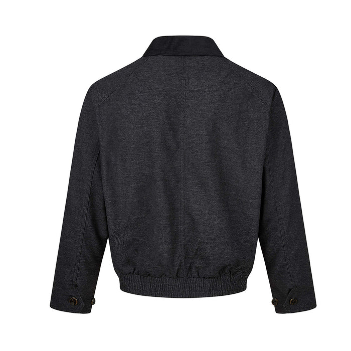 Charcoal Harrington jacket back view showing the textured shell, center seam, ribbed hem, and adjustable cuffs