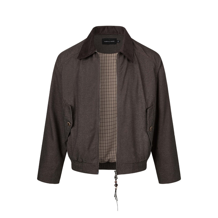Brown Harrington jacket shown open to reveal its checked interior lining, corduroy collar, and full-length zipper