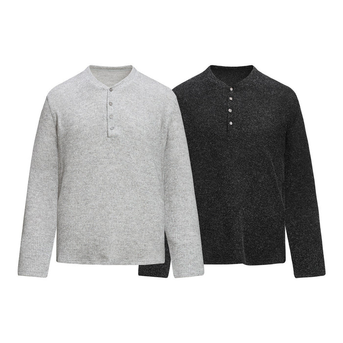 Two long-sleeve ribbed knit Henley sweaters in light gray and dark charcoal, shown from the front