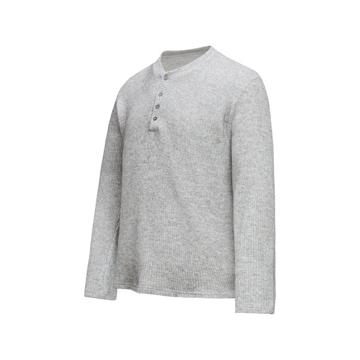 Light gray ribbed knit Henley sweater with stand collar and button placket, angled front view