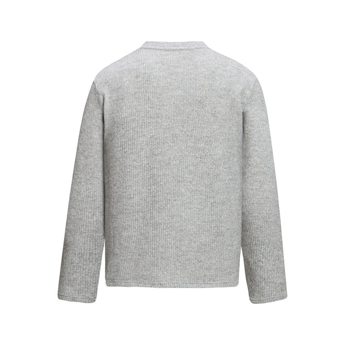 Light gray ribbed knit Henley sweater shown from the back with long sleeves and straight hem
