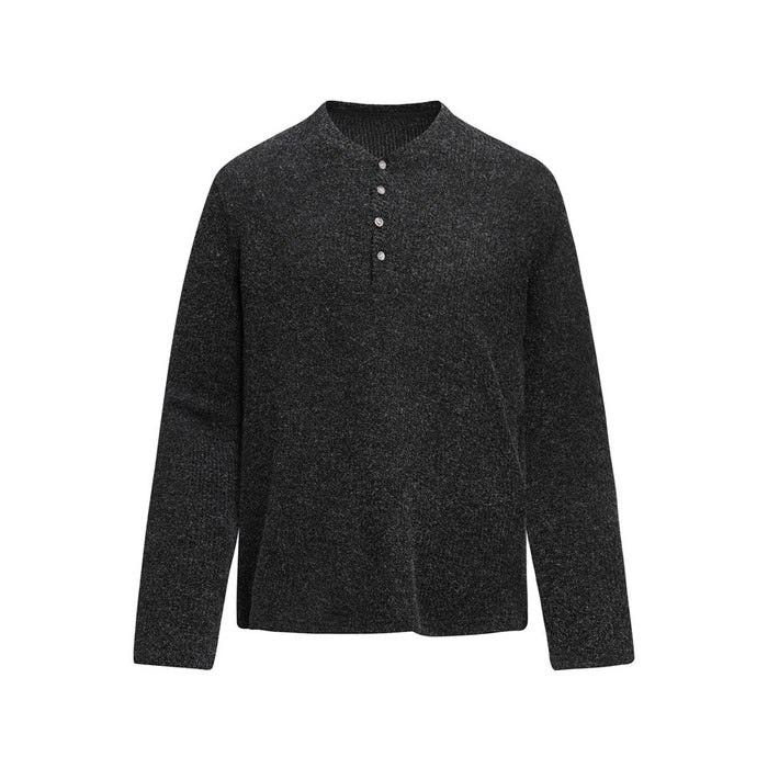 Dark charcoal ribbed knit Henley sweater shown from the front with four-button placket