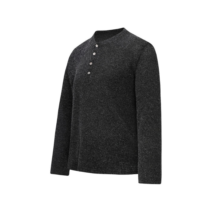 Dark charcoal ribbed knit Henley sweater shown in an angled front view with long sleeves