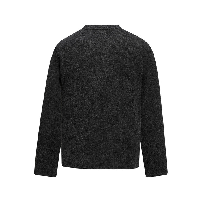 Dark charcoal ribbed knit Henley sweater shown from the back with long sleeves and straight hem
