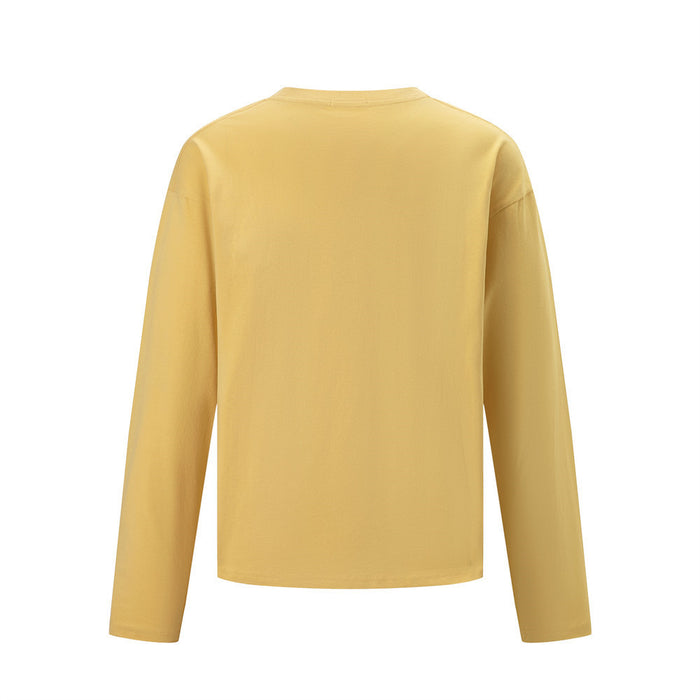 Back view of a plain yellow long-sleeve crew-neck shirt with a smooth finish
