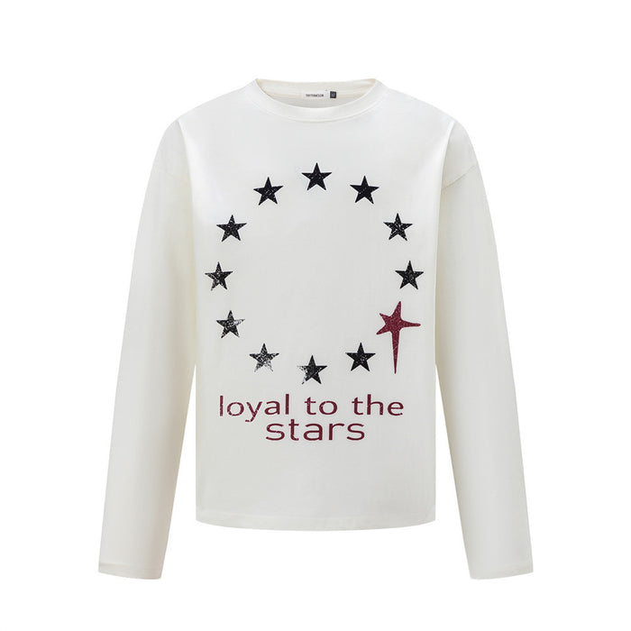 White long-sleeve crew-neck shirt with a circle of black stars, red star, and “loyal to the stars” text