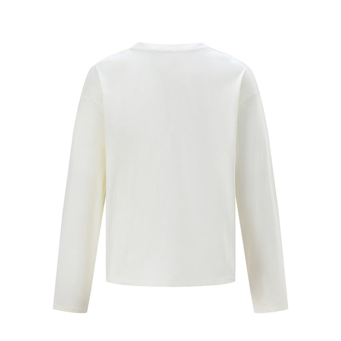 Back view of a plain white long-sleeve crew-neck shirt