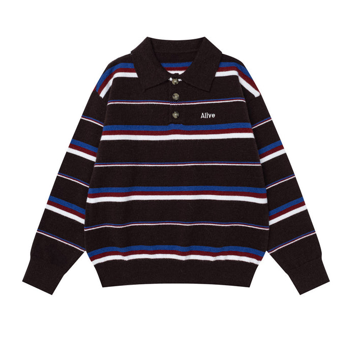 Men's dark brown striped polo collar knit sweater with white, blue, and burgundy horizontal stripes and three-button placket