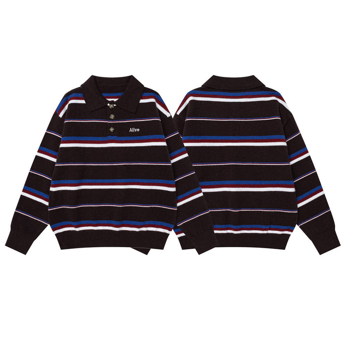Brown striped polo collar knit sweater showing front and back views with blue, red and white bands