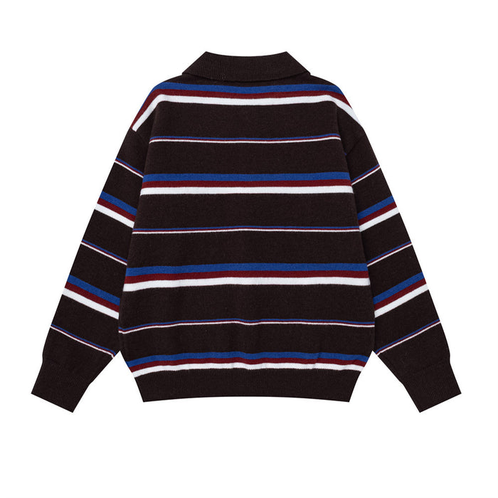 Back view of a brown knit polo sweater with horizontal blue, red and white stripes and ribbed cuffs