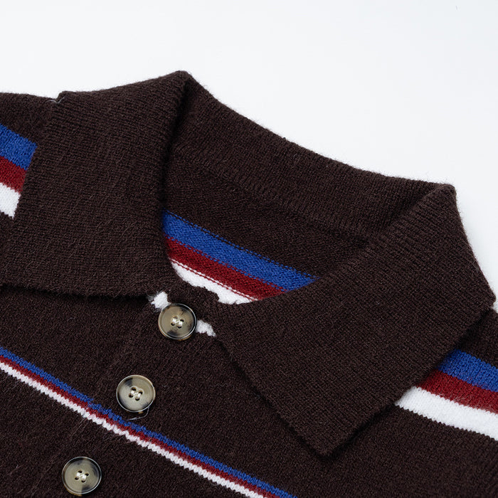 Close-up of the brown polo collar, striped neckline, textured knit and three-button placket