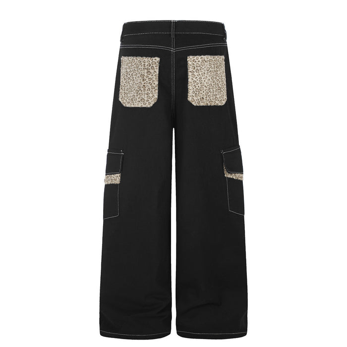 Men's Wide-Leg Cargo Pants with Leopard Fur Trim & Multi-Pocket Design