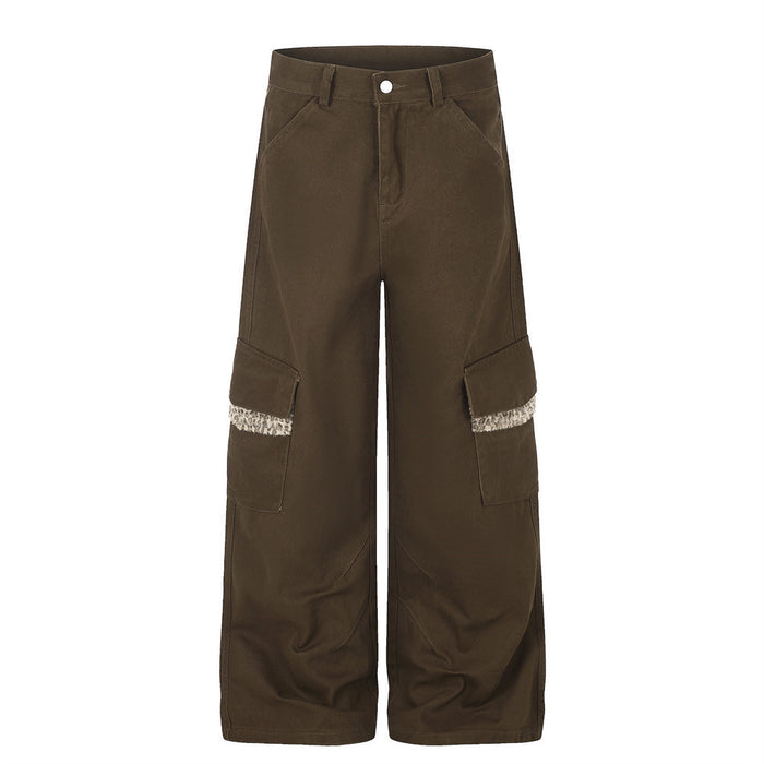 Men's Wide-Leg Cargo Pants with Leopard Fur Trim & Multi-Pocket Design
