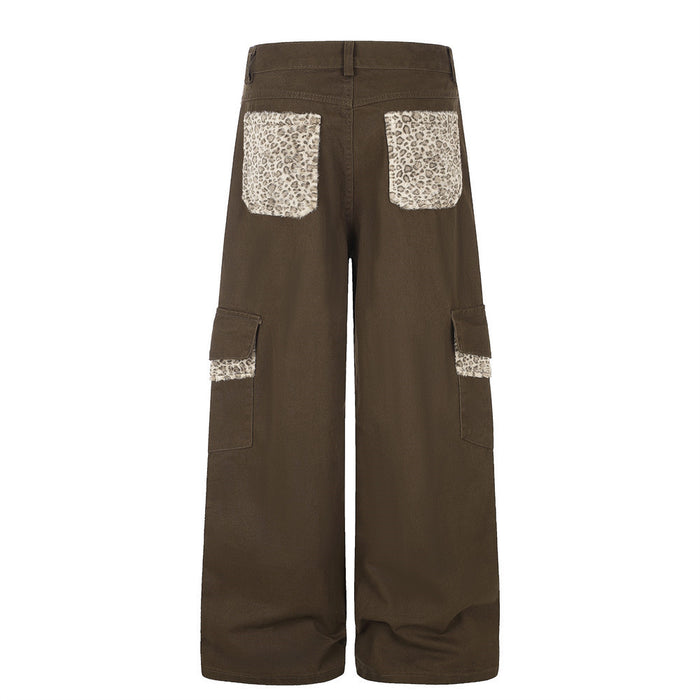 Men's Wide-Leg Cargo Pants with Leopard Fur Trim & Multi-Pocket Design