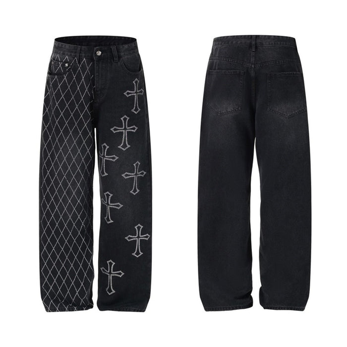 Men's wide leg jeans with rhinestone cross motifs and argyle diamond rhinestone grid on black denim, front and back view