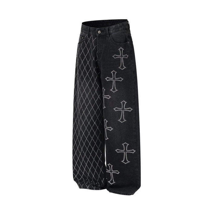 Angled front view of black wide-leg jeans with argyle and cross embellishments