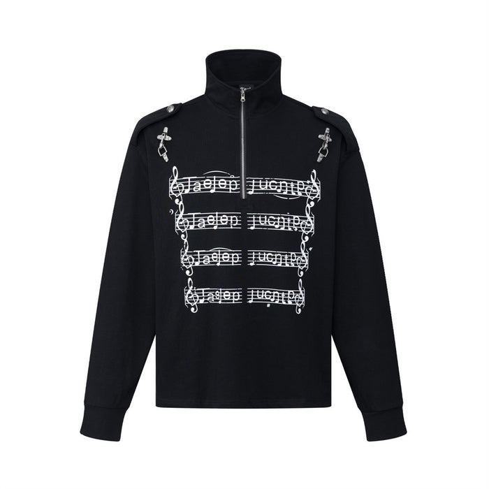Men's oversized half-zip mock neck sweatshirt with music note print and silver epaulette hardware, shown in black and white c