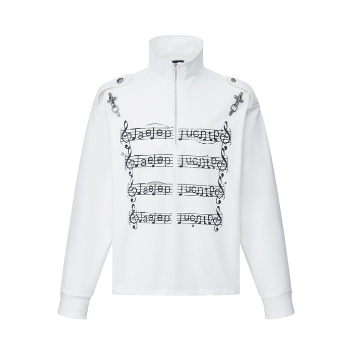 Men's Zip-Up Mock Neck Sweatshirt with Music Note Print — Oversized High-Street
