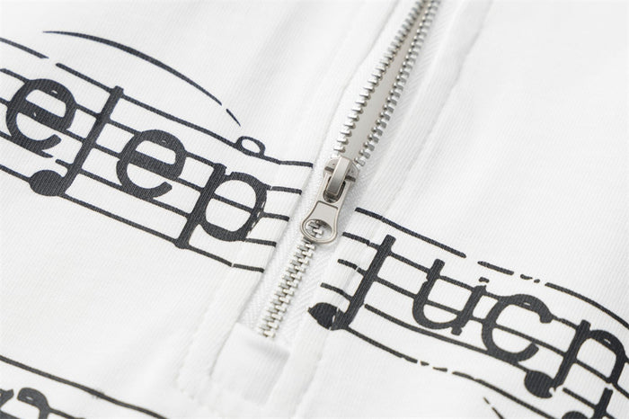 Men's Zip-Up Mock Neck Sweatshirt with Music Note Print — Oversized High-Street