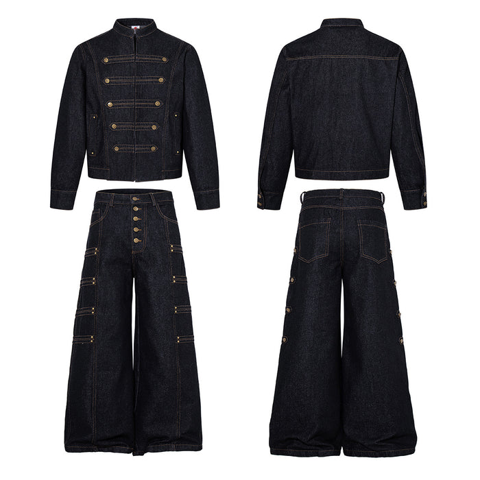 Military-Style Denim Jacket with Napoleon Stand Collar and Gold Star Buttons