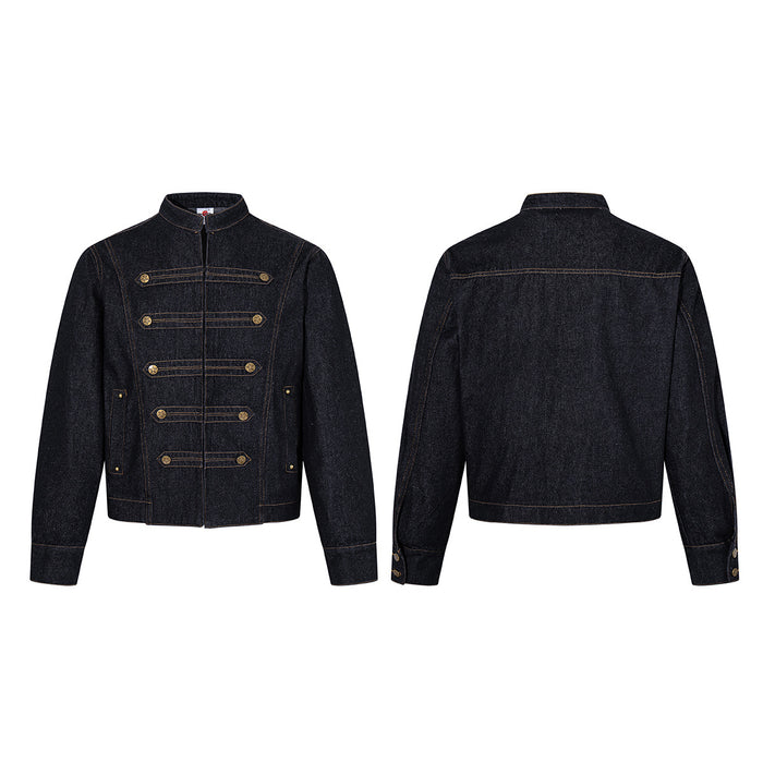 Military-Style Denim Jacket with Napoleon Stand Collar and Gold Star Buttons
