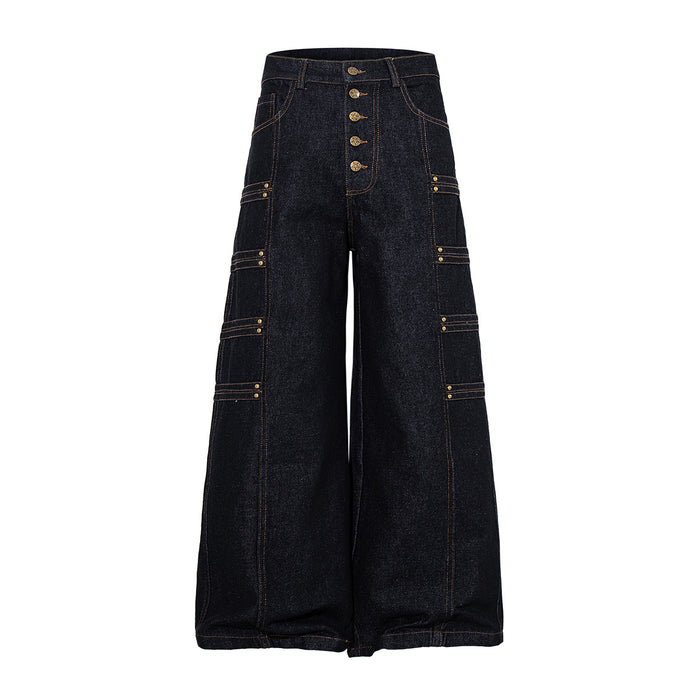 Military-Style Denim Jacket with Napoleon Stand Collar and Gold Star Buttons