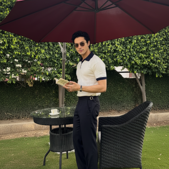 Monaco White Polo T-Shirt – Luxury Textured Jacquard Knit, Buttonless Design, Lightweight & Breathable