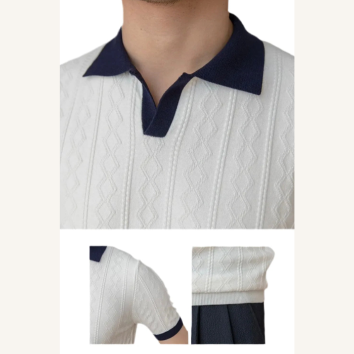 Monaco White Polo T-Shirt – Luxury Textured Jacquard Knit, Buttonless Design, Lightweight & Breathable