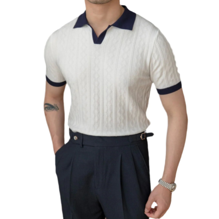 Monaco White Polo T-Shirt – Luxury Textured Jacquard Knit, Buttonless Design, Lightweight & Breathable