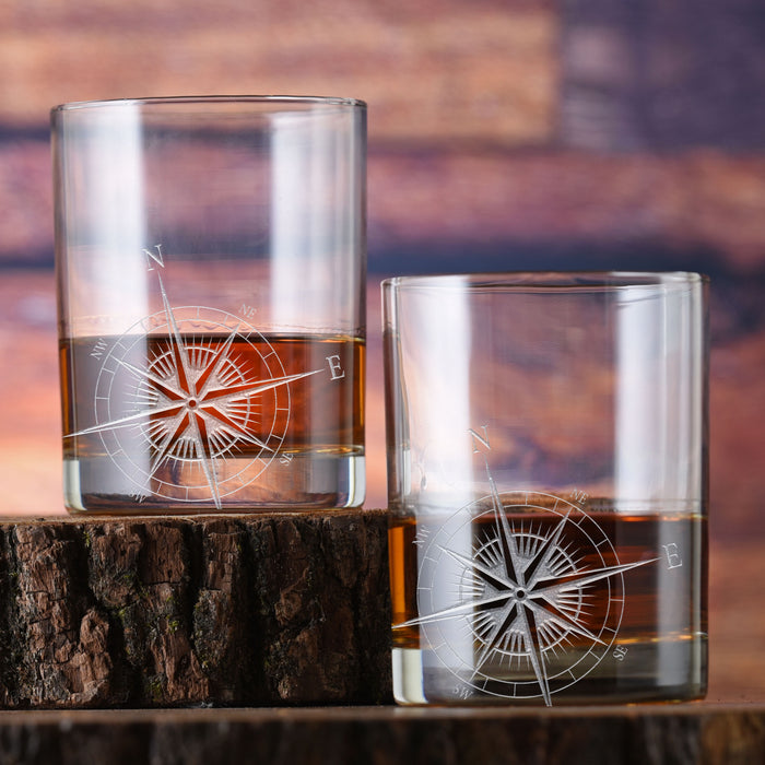Nautical Compass, Rose Rocks Glass (Set of 2)