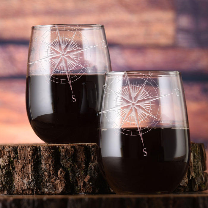Nautical Compass, Rose Stemless Wine Glass (Set of 2)