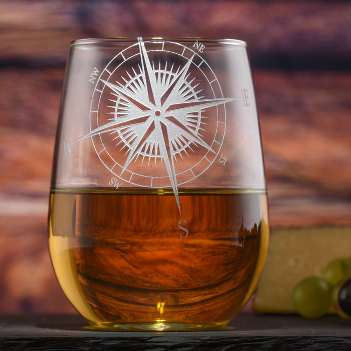 Nautical Compass, Rose Stemless Wine Glass (Set of 2)