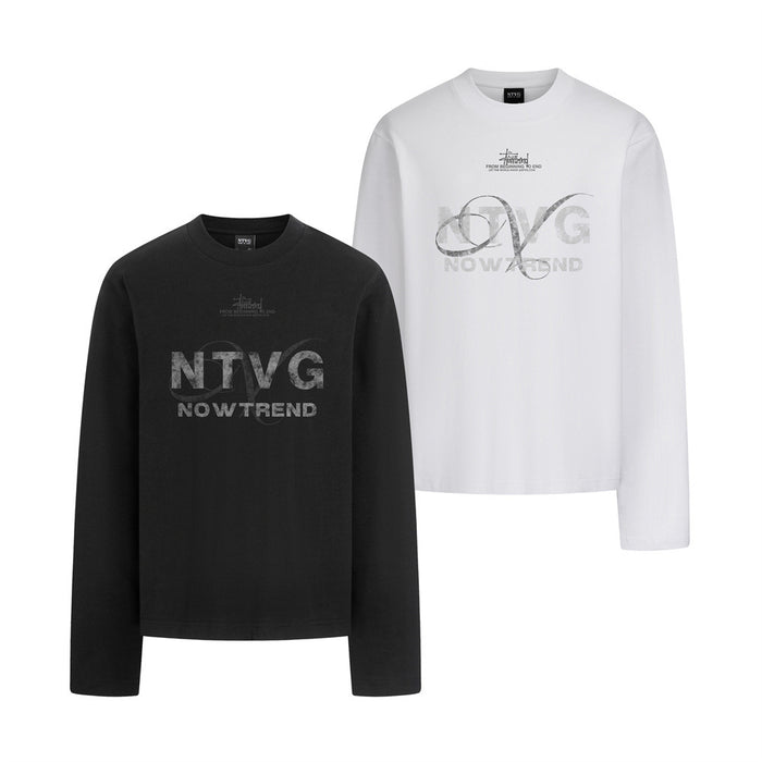 Black and white long sleeve crew neck T-shirts with contrasting NTVG NOWTREND chest graphics