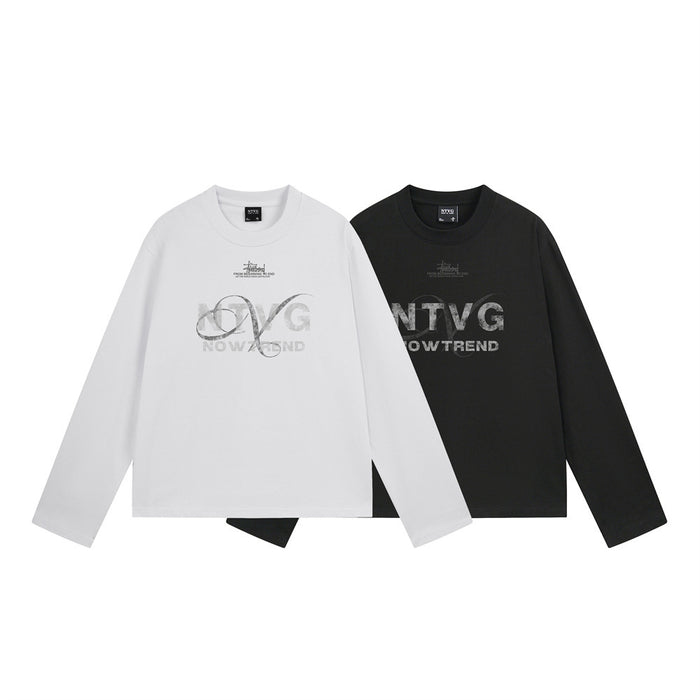White and black long sleeve crew neck T-shirts shown together from the front with NTVG graphics