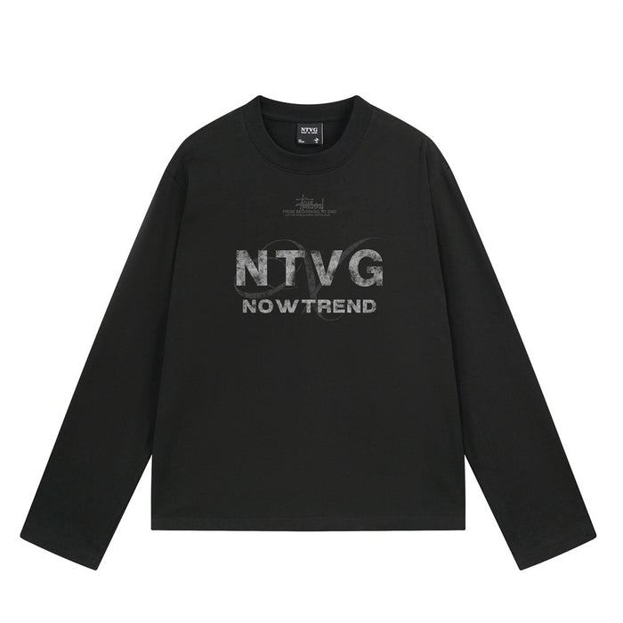 Black long sleeve crew neck T-shirt front with a distressed gray NTVG NOWTREND graphic