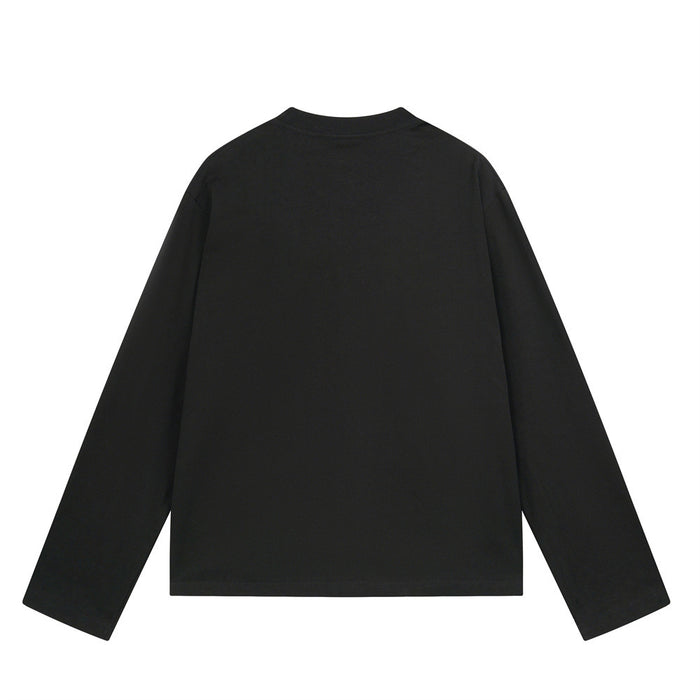 Black long sleeve crew neck T-shirt shown from the back with a plain design