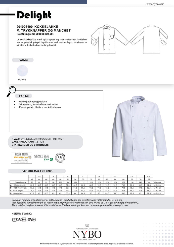 Nybo Vit Unisex Delight Kockjacka, tryckknappar, slitstark