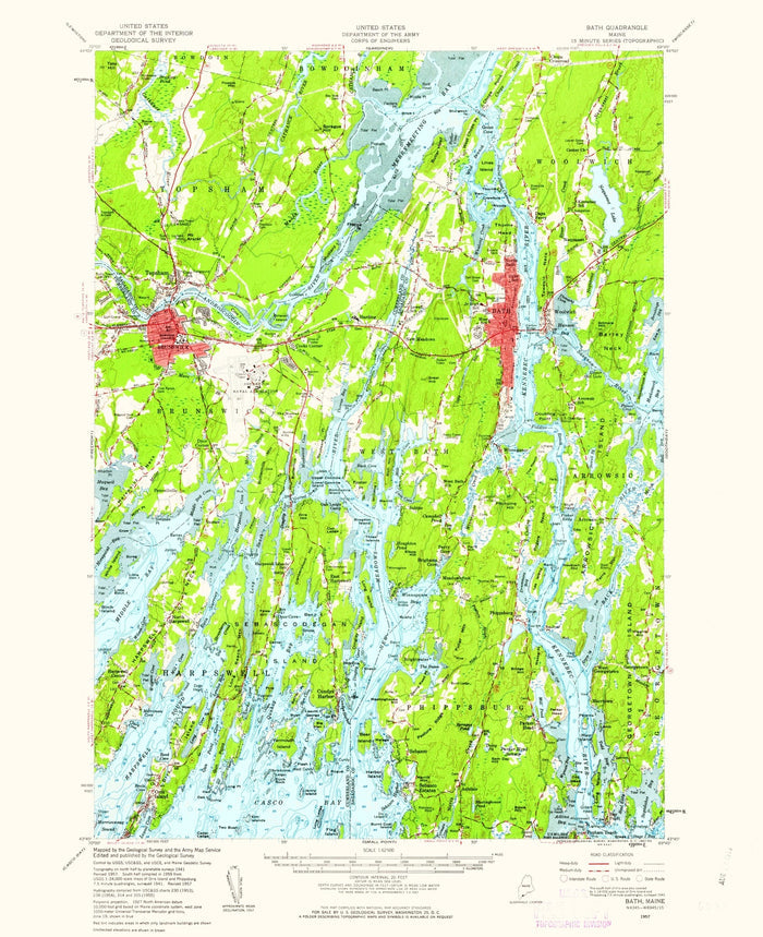 Old Map of Bath, Maine by USGS, 1957 – Brunswick, Merrymeeting Bay & Kennebec River