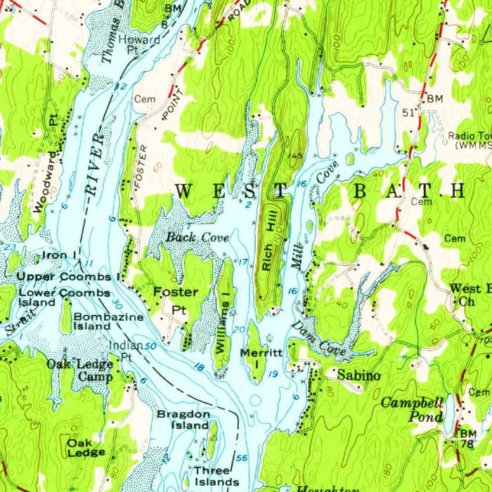 Old Map of Bath, Maine by USGS, 1957 – Brunswick, Merrymeeting Bay & Kennebec River