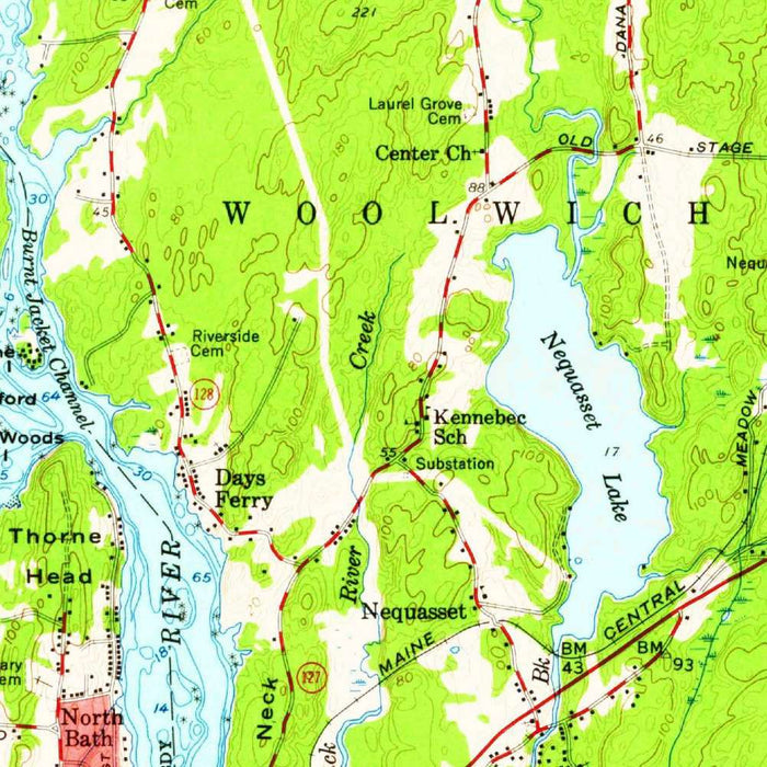 Old Map of Bath, Maine by USGS, 1957 – Brunswick, Merrymeeting Bay & Kennebec River