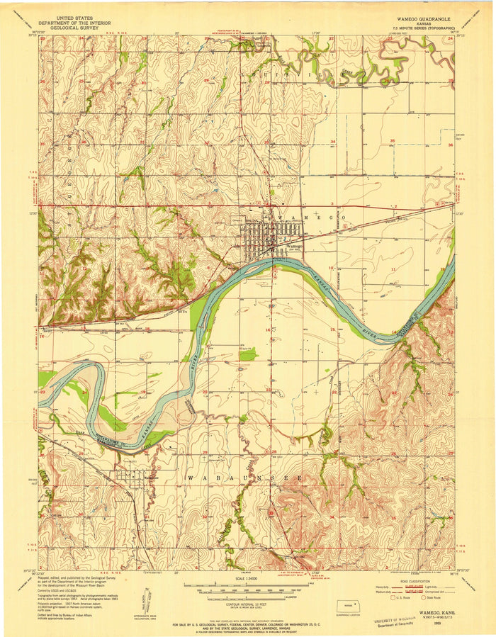 Old Map of Wamego, Kansas by USGS, 1953 – Kansas River & Wabaunsee