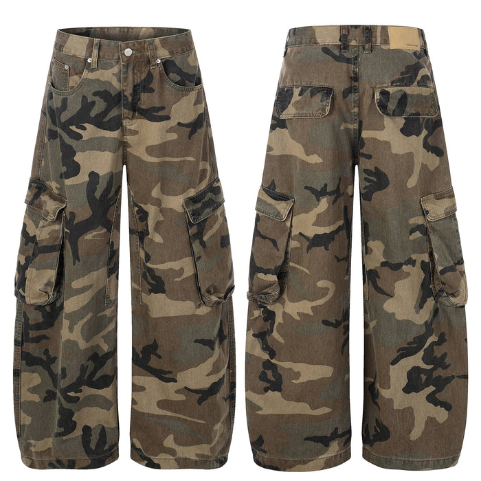 Front and back view of oversized baggy camouflage cargo jeans with 3D side pockets in woodland camo print