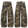 Front and back view of oversized baggy camouflage cargo jeans with 3D side pockets in woodland camo print